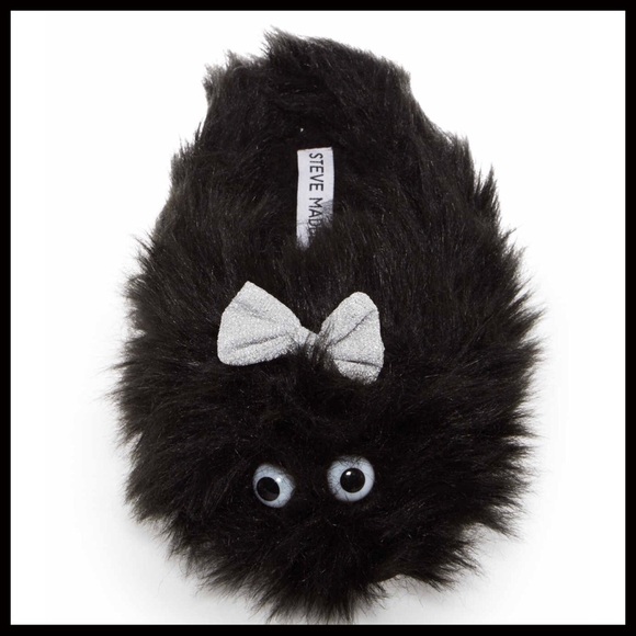 STEVE MADDEN COZY PLUSH BLACK WINTER SLIPPERS FAUX FUR METALLIC SILVER BOWS - Picture 3 of 7